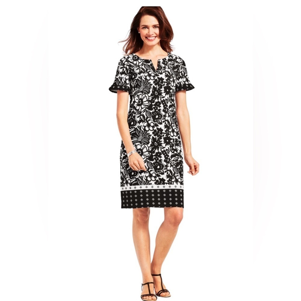 Talbots Womens Abstract Floral Chic Shift Dress Large Black White Cotton Office